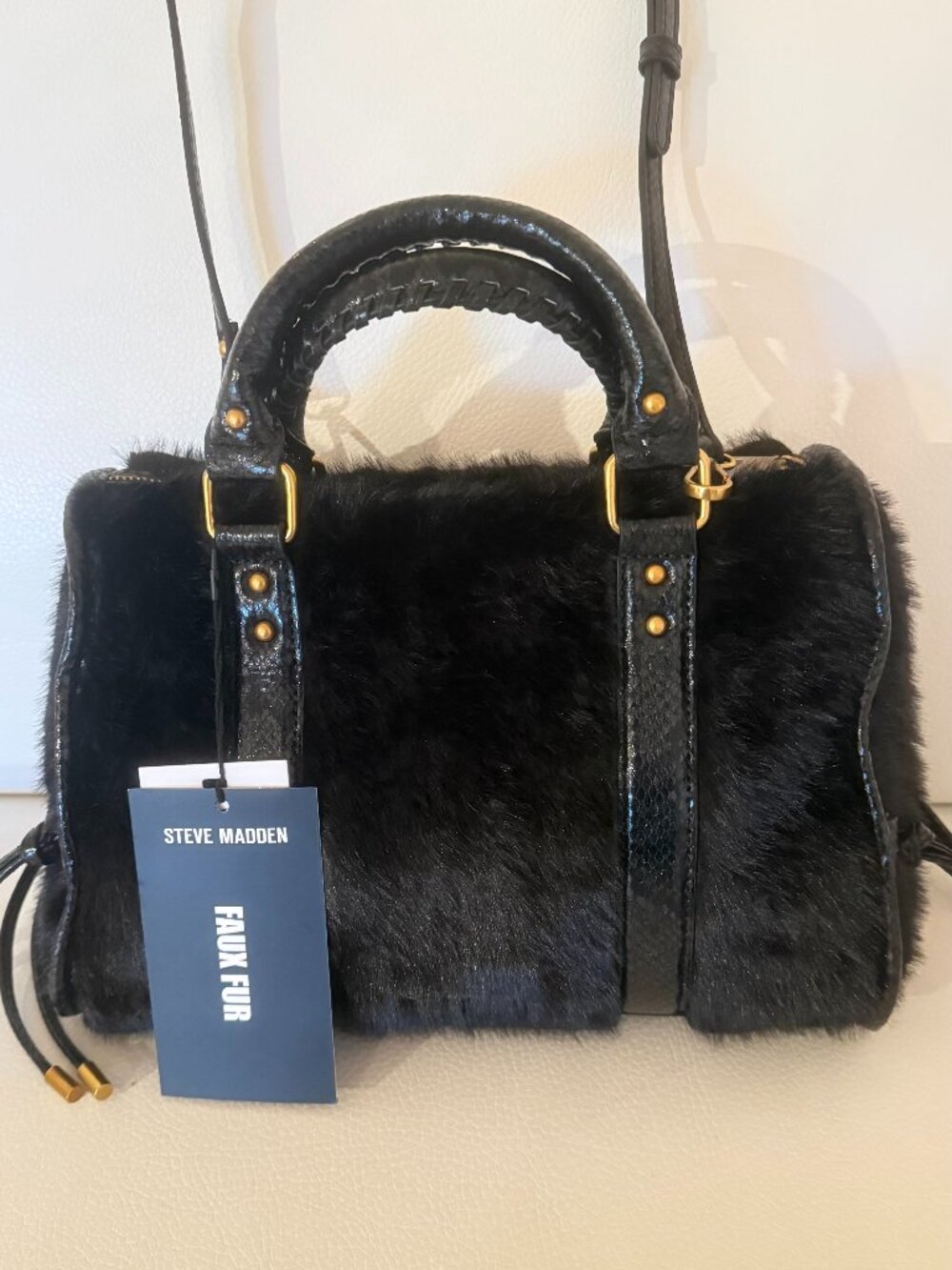 NWT STEVE MADDEN BRHENNY SATCHEL CROSSBODY BAG BLACK FAUX FUR